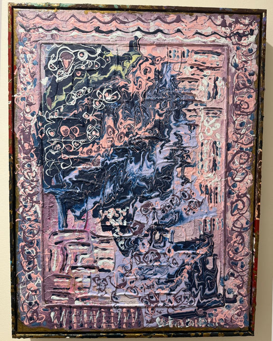 Abstract artwork with intricate patterns and colors on a textured background