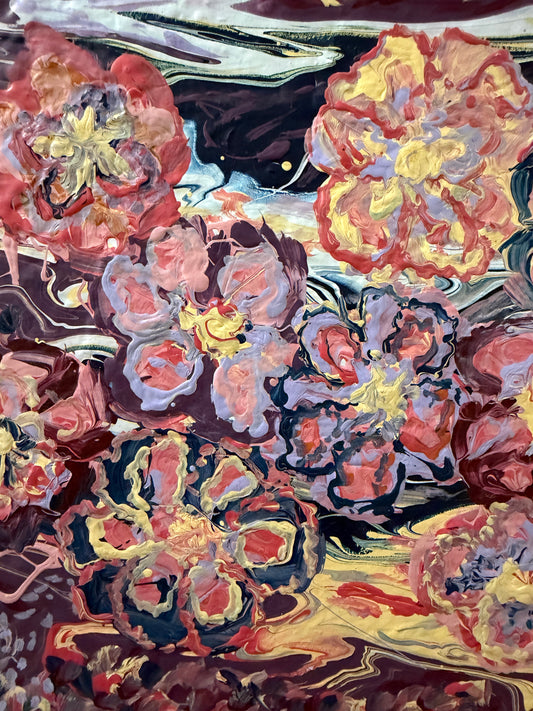 Abstract painting of flowers with a focus on color and texture