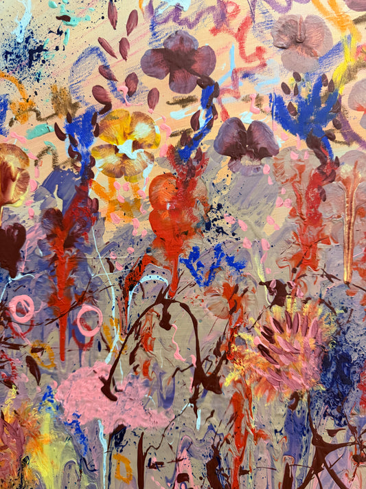 Abstract artwork with colorful floral patterns on a textured background