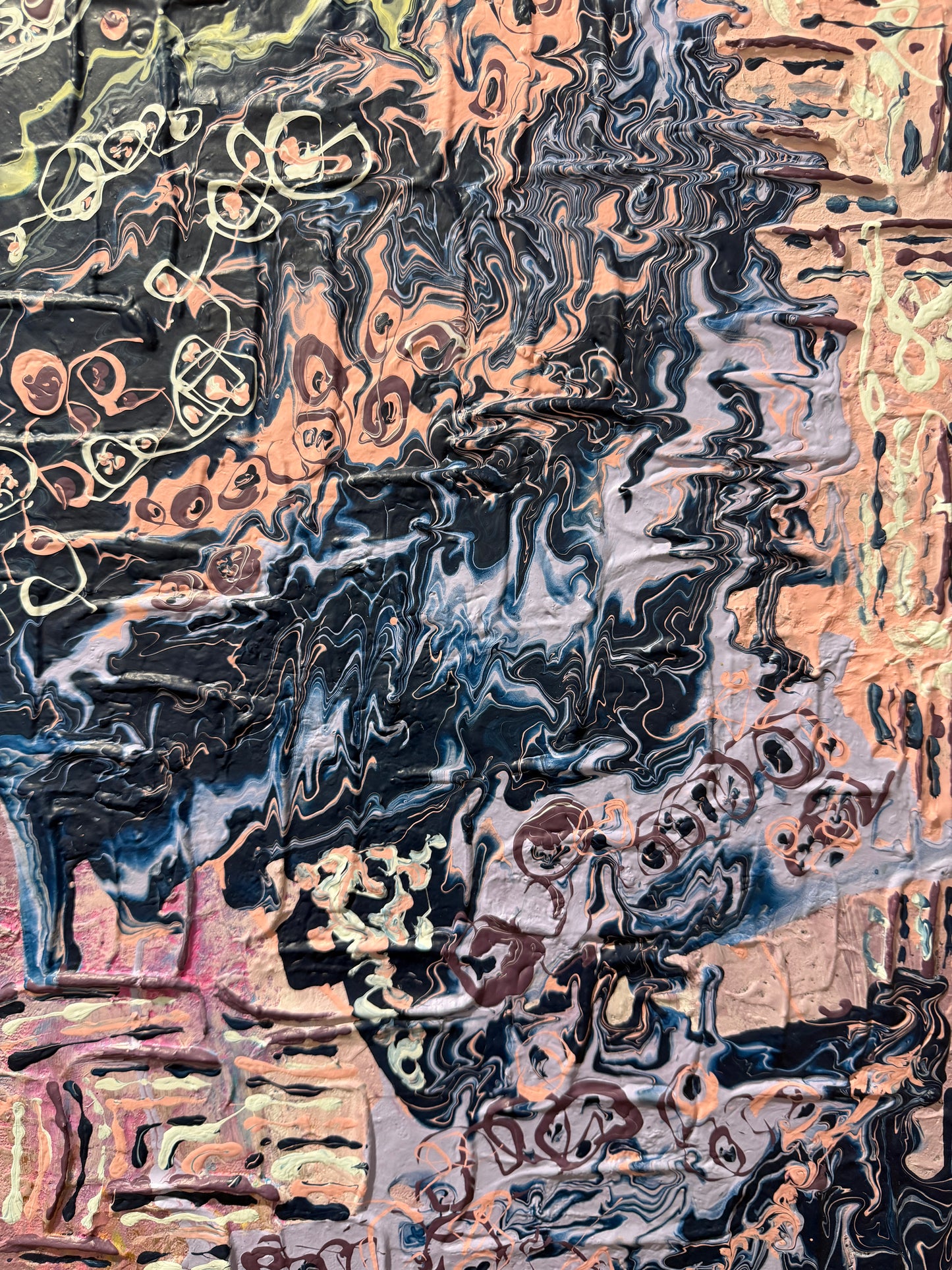 Abstract art with swirling patterns in black, white, and purple.