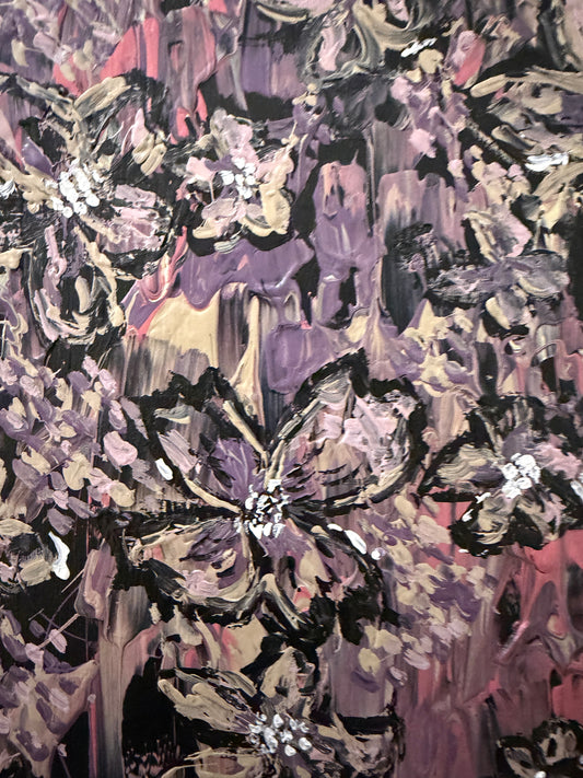 Abstract painting with a focus on purple and black floral elements.