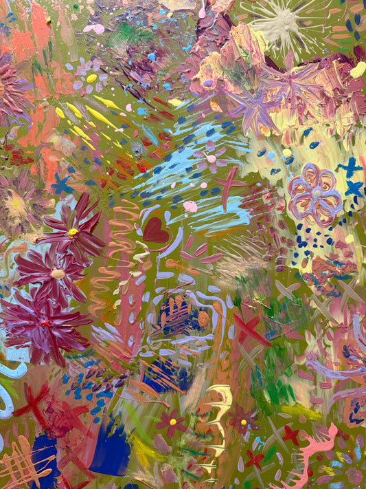 Abstract artwork with vibrant colors and floral elements